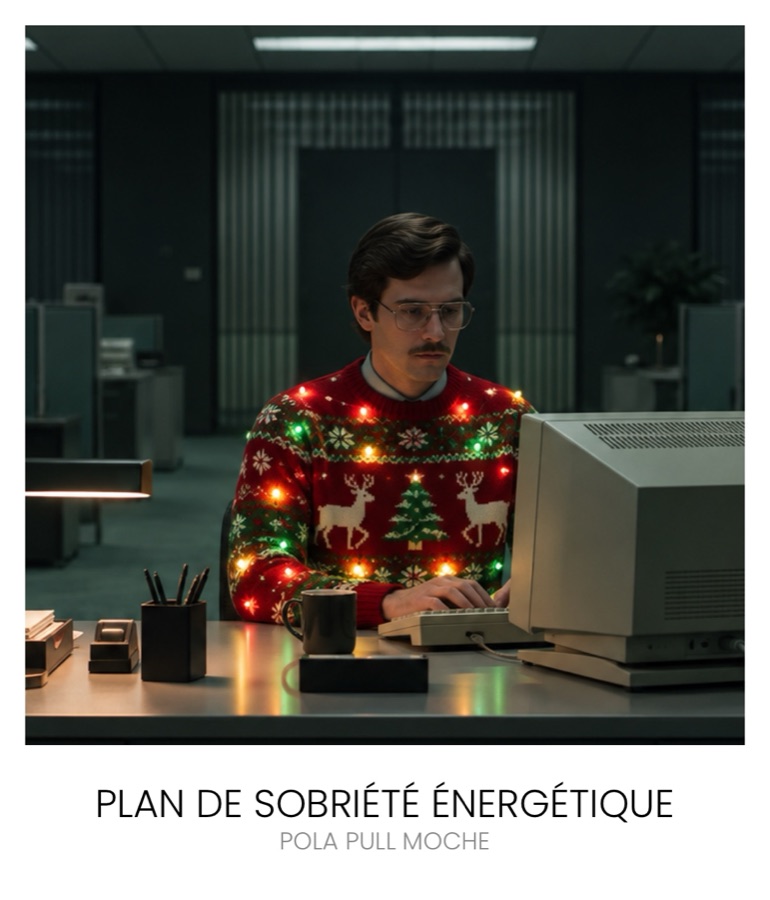 Polaroid Insta-Pola : un employé en pull de Noël lumineux, seul dans un bureau plongé dans le noir, légendé « Plan de sobriété énergétique »