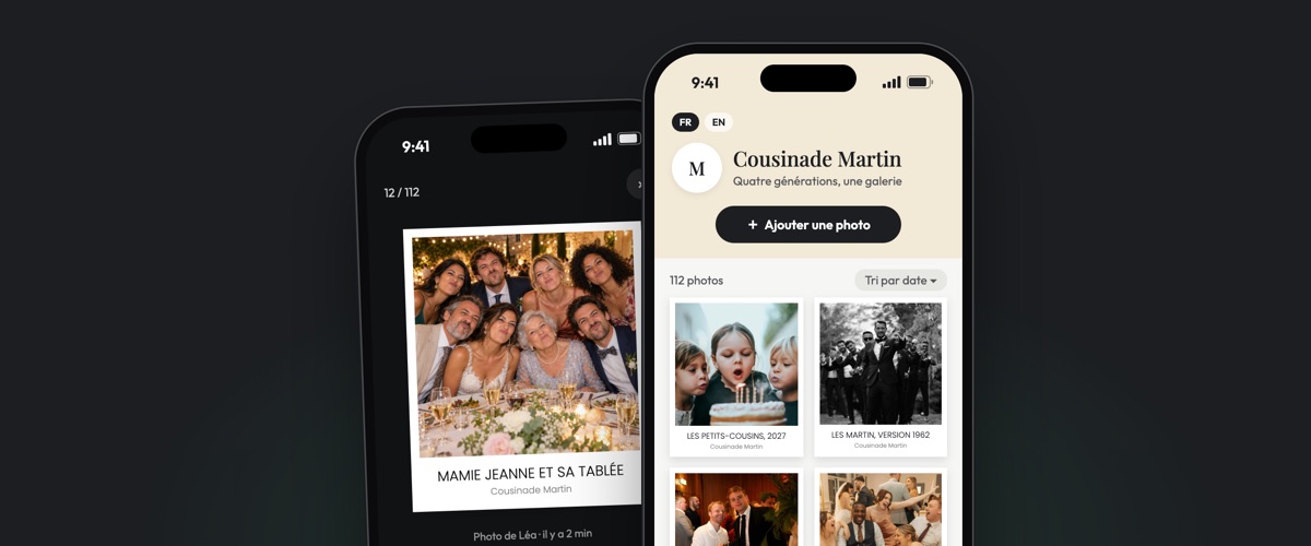 Deux téléphones ouverts sur la galerie Insta-Pola : la liste des photos en polaroids légendés, et une photo en grand avec ses cœurs