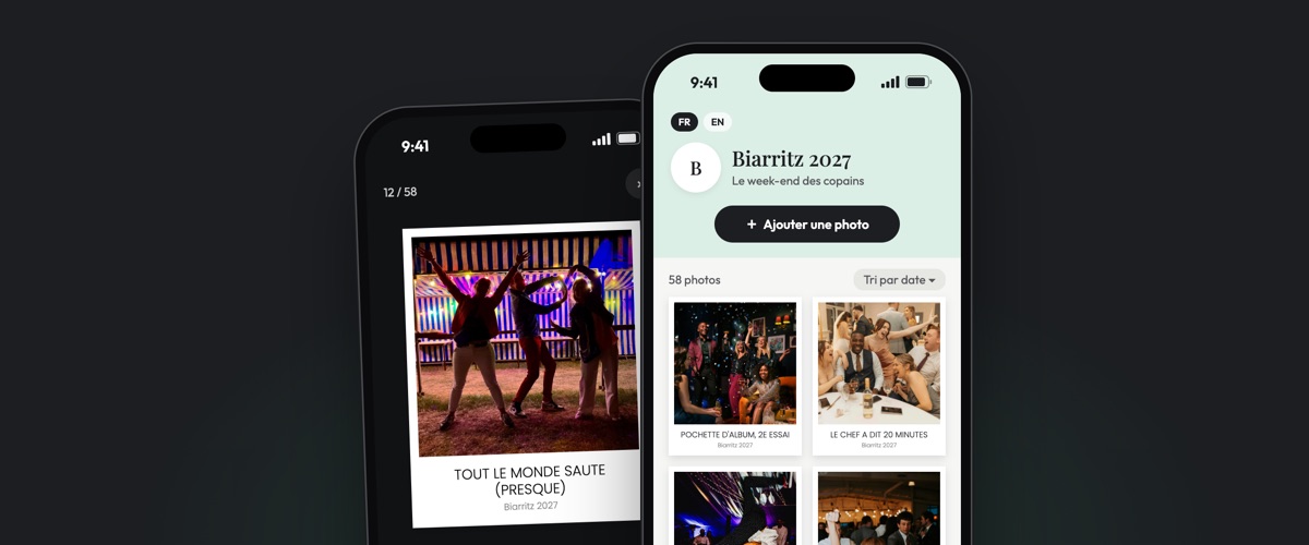 Deux téléphones ouverts sur la galerie Insta-Pola : la liste des photos en polaroids légendés, et une photo en grand avec ses cœurs