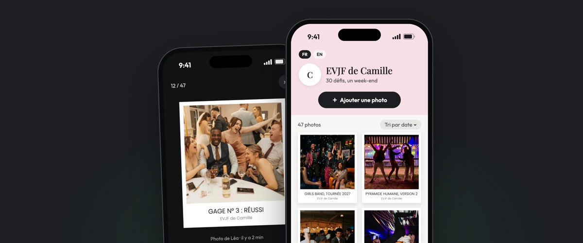 Deux téléphones ouverts sur la galerie Insta-Pola : la liste des photos en polaroids légendés, et une photo en grand avec ses cœurs
