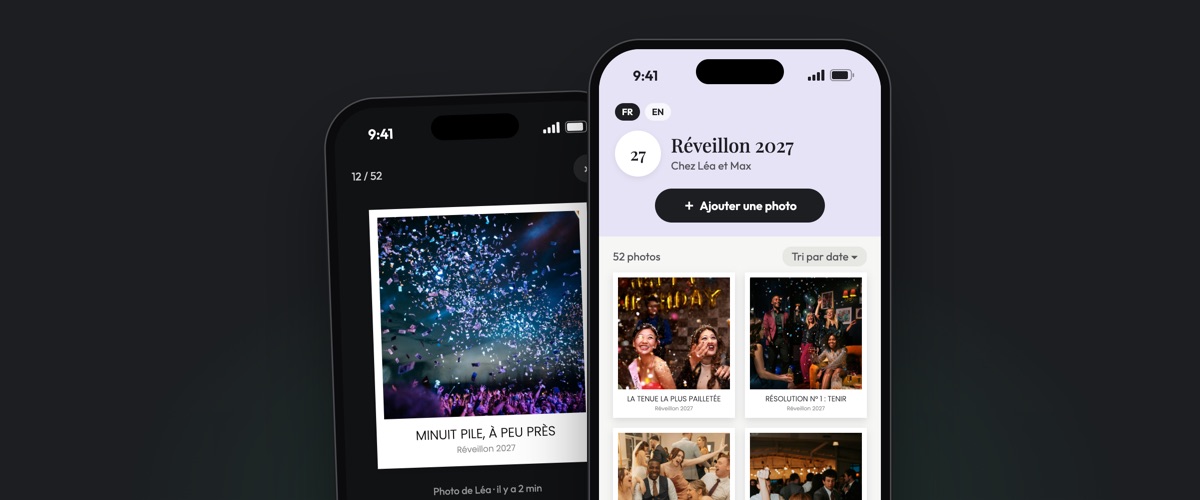 Deux téléphones ouverts sur la galerie Insta-Pola : la liste des photos en polaroids légendés, et une photo en grand avec ses cœurs