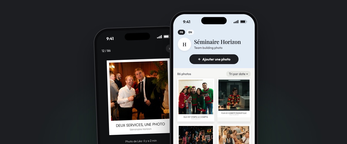 Deux téléphones ouverts sur la galerie Insta-Pola : la liste des photos en polaroids légendés, et une photo en grand avec ses cœurs