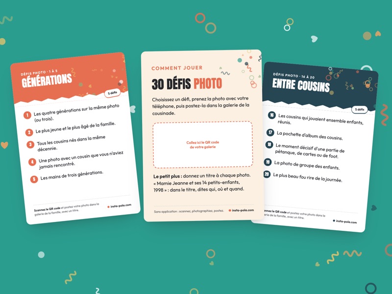 Trois cartes de défis photo : Générations, Comment jouer avec l'emplacement du QR code, et Entre cousins