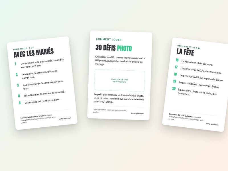Trois cartes de défis photo : Avec les mariés, Comment jouer avec l'emplacement du QR code, et La fête