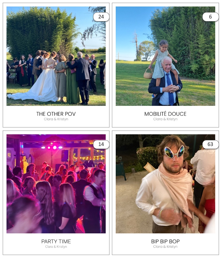 Quatre photos du mariage de Clara et Kristyn en polaroid, avec les titres donnés par les invités : The other POV, Mobilité douce, Party time, Bip bip bop