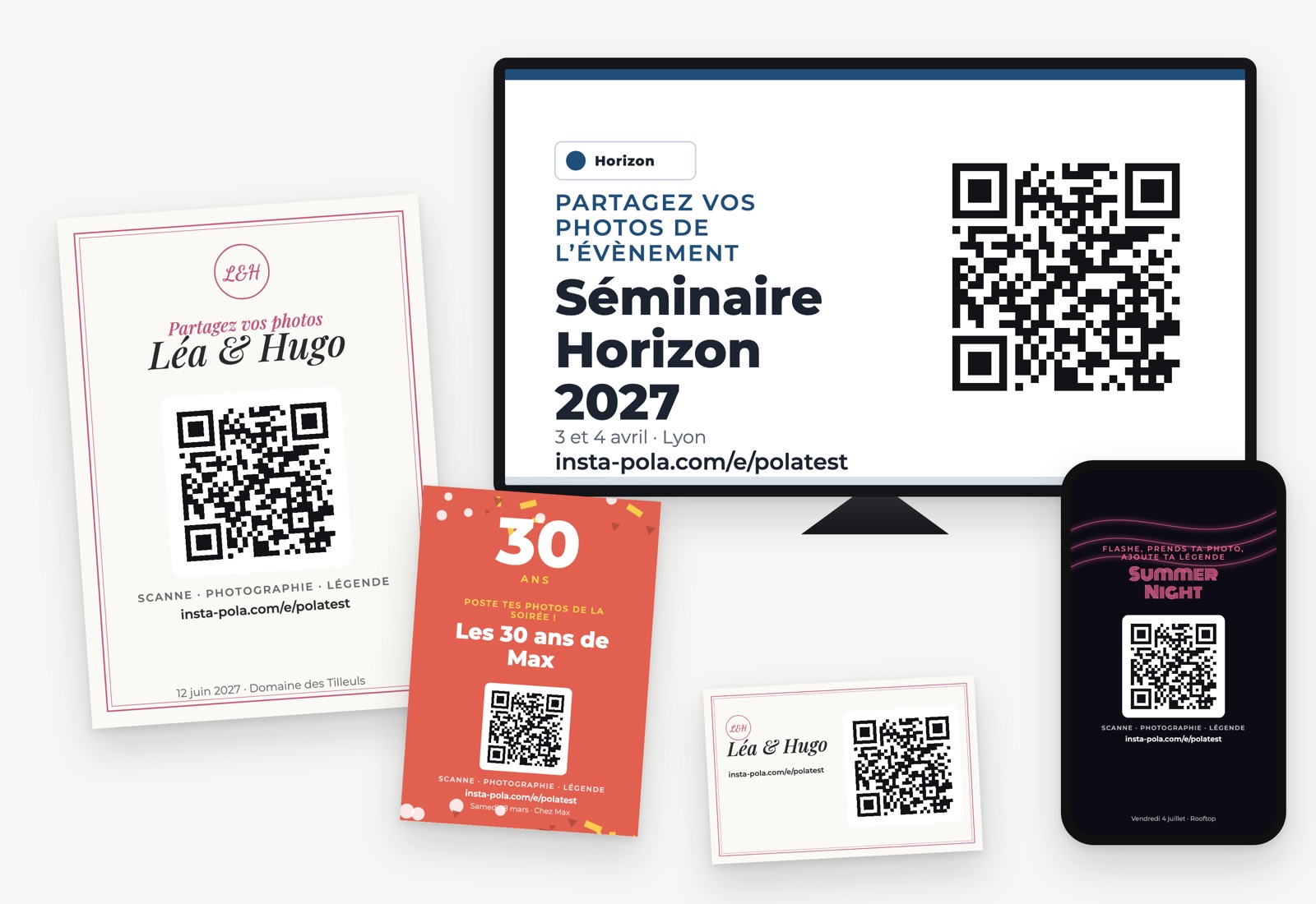 Supports générés par le pack de communication : affiche A4 de mariage, flyer d’anniversaire, carte QR, story de soirée sur un téléphone et écran d’accueil d’un séminaire, chacun avec le QR code de la galerie