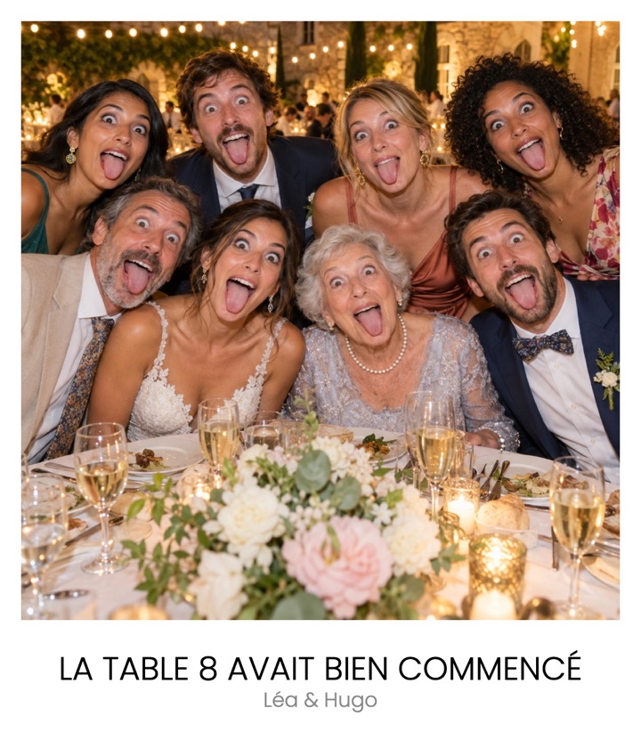 Polaroid légendé « La table 8 avait bien commencé » : toute une table de mariage tire la langue, mamie comprise