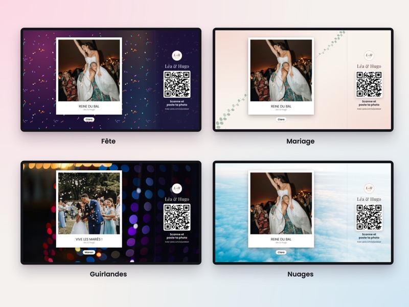 Le mur photo Insta-Pola projeté : des polaroids légendés et le QR code pour participer