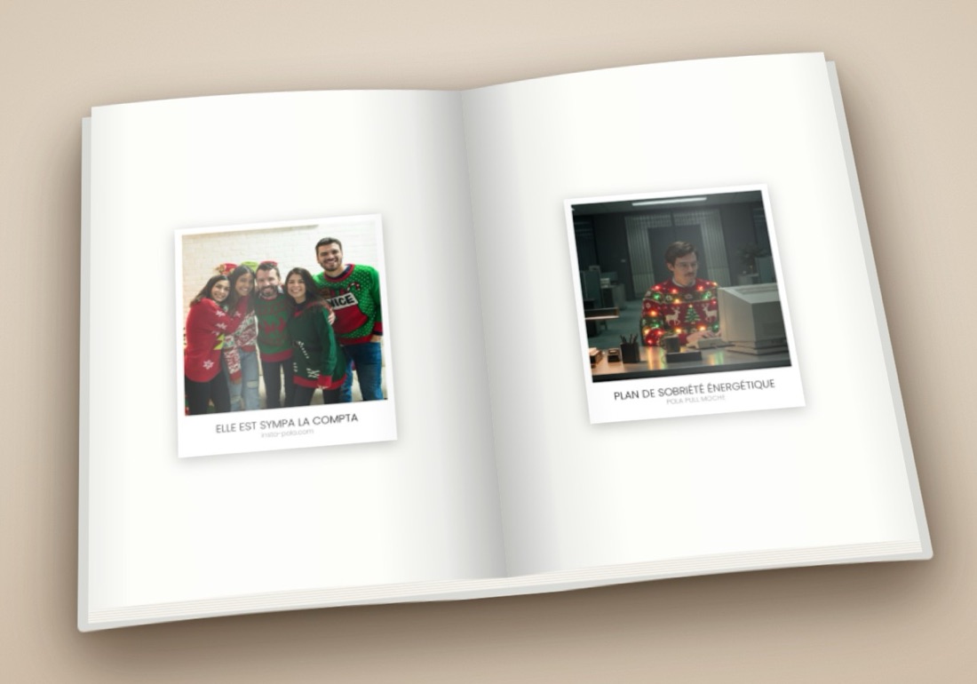 Le livre photo ouvert sur une table : deux photos d'une journée pull moche au bureau, « Elle est sympa la compta » et « Plan de sobriété énergétique », au format polaroid avec leur légende