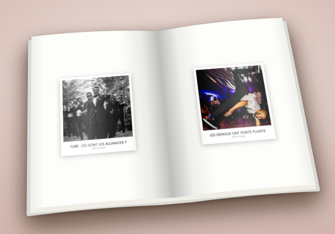 Le livre ouvert : deux polaroids légendés par les invités, « Tube : où sont les alliances ? » et « Les genoux ont porté plainte. »