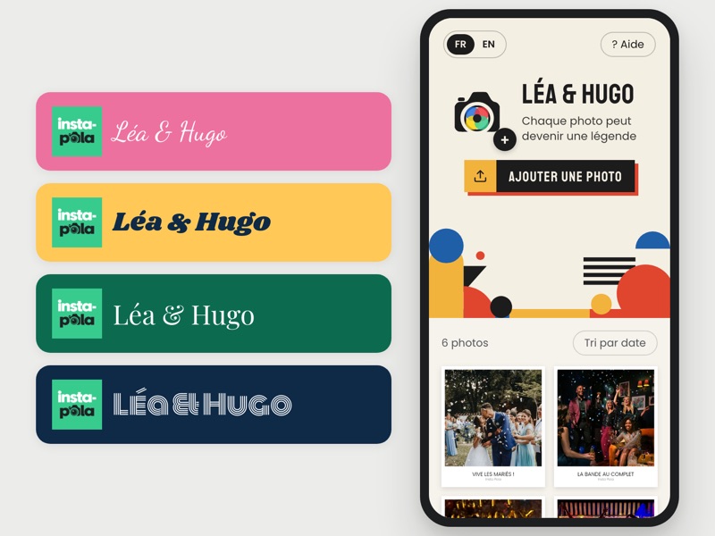 Quatre en-têtes de galerie aux couleurs et polices différentes pour Léa & Hugo, et la galerie ouverte sur un téléphone